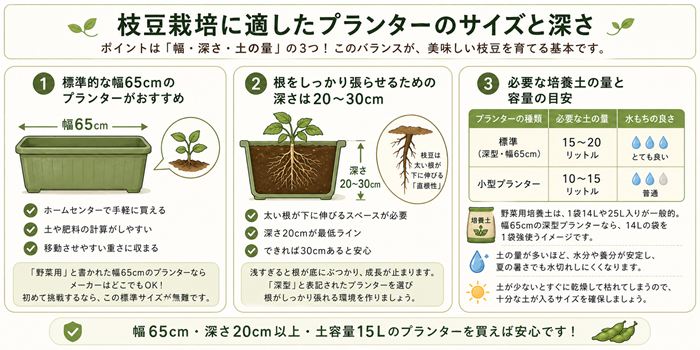 枝豆の栽培に適したプランターのサイズと深さ