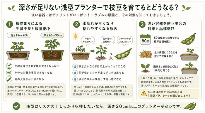深さが足りない浅型プランターで枝豆を育てるとどうなる？