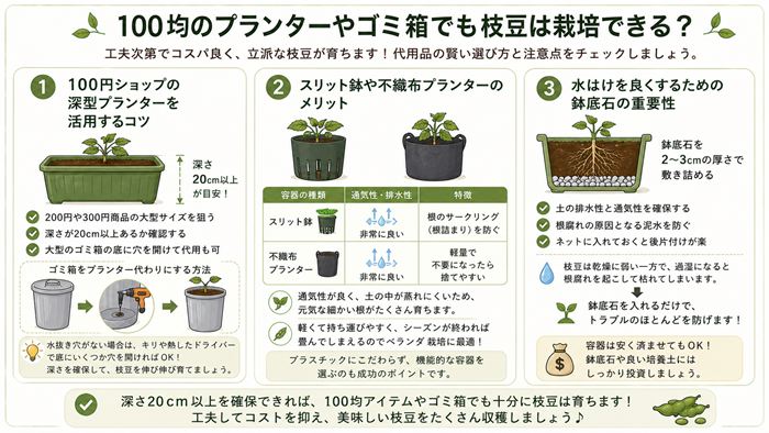 100均のプランターやゴミ箱でも枝豆は栽培できる？