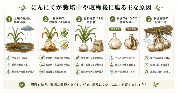 にんにくが栽培中や収穫後に腐る主な原因
