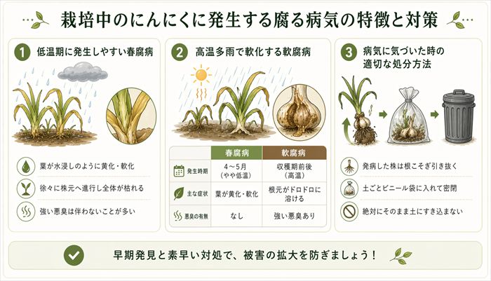 栽培中のにんにくに発生する腐る病気の特徴と対策