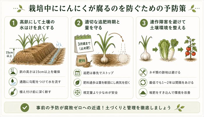 栽培中ににんにくが腐るのを防ぐための予防策