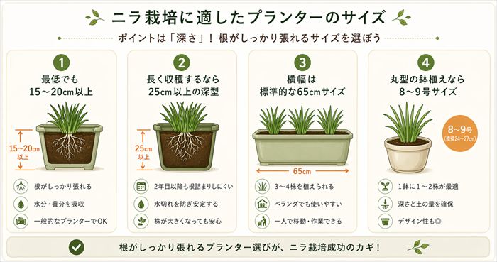 ニラ栽培に適したプランターのサイズは？深さが重要な理由