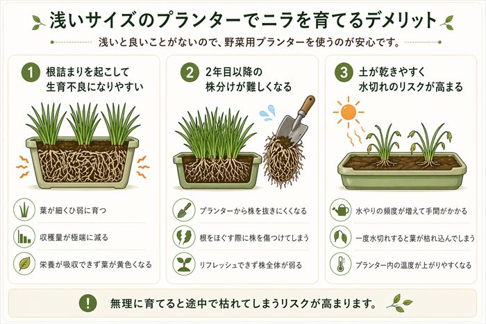 浅いサイズのプランターでニラを育てるデメリット