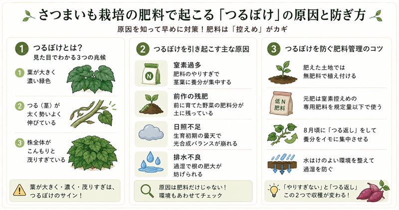 さつまいも栽培の肥料で起こる「つるぼけ」の原因と防ぎ方