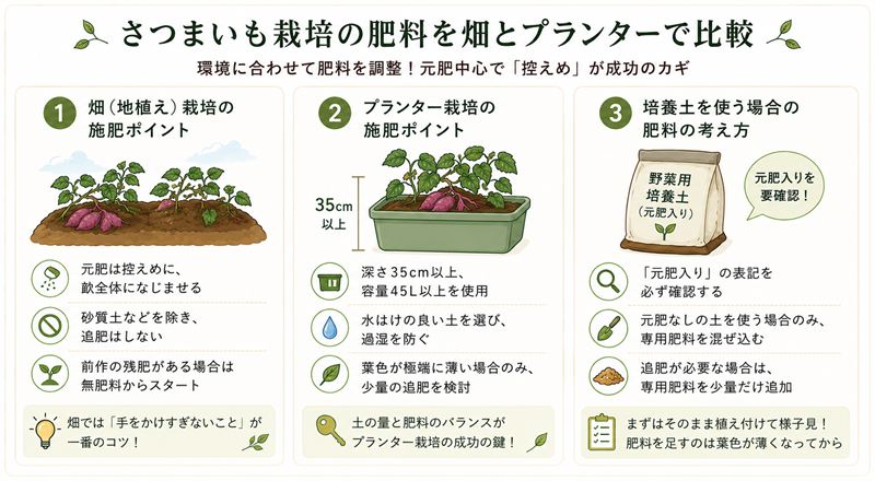さつまいも栽培の肥料を畑とプランターで比較