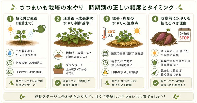 さつまいも栽培の水やり｜時期別の正しい頻度とタイミング