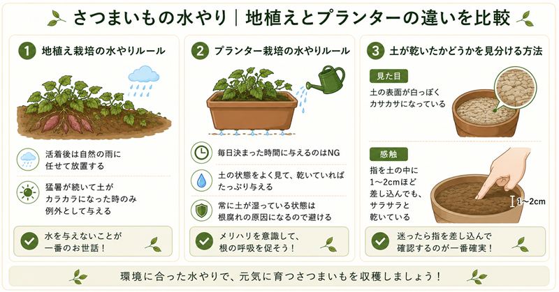 さつまいもの水やり｜地植えとプランターの違いを比較