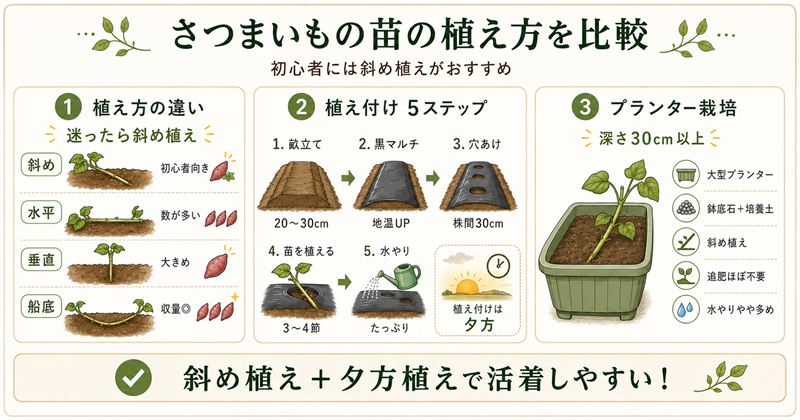さつまいもの苗の植え方を比較｜初心者には斜め植えがおすすめ